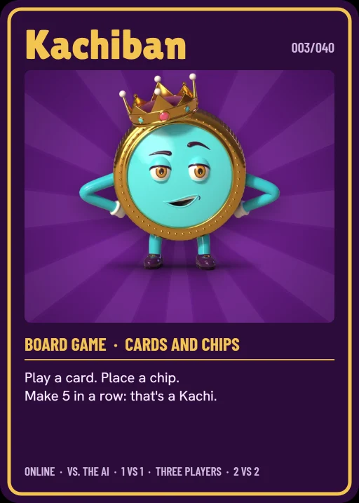 The Kachiban card, number 003 of 040: the mascot, a crowned chip, stands in its window with hands on hips.