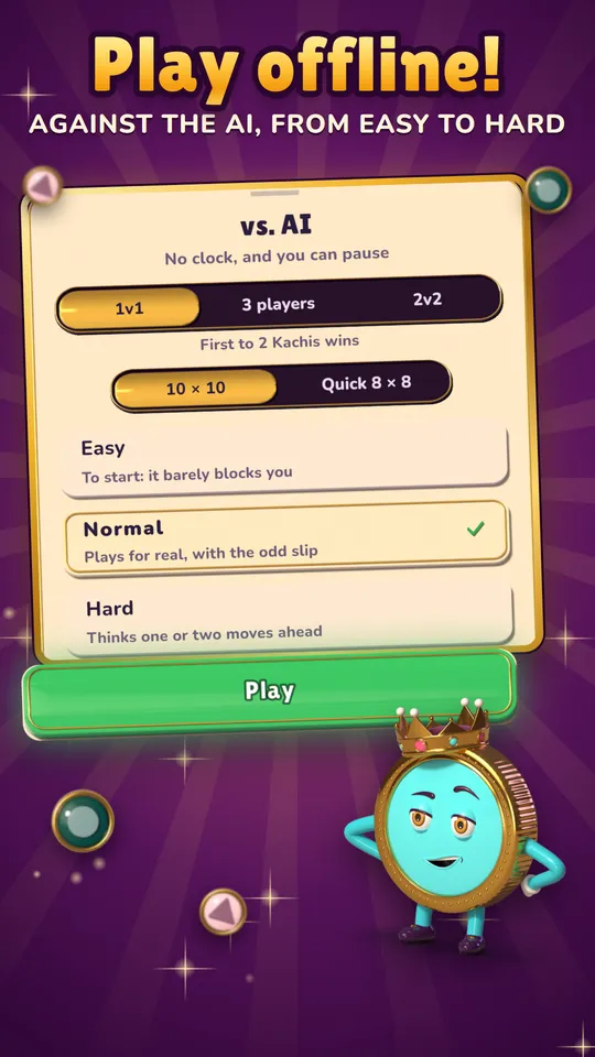 Playing against the AI offline, from Easy to Hard.