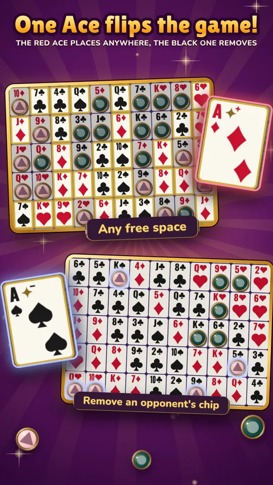 The red Ace places anywhere; the black one removes a chip.