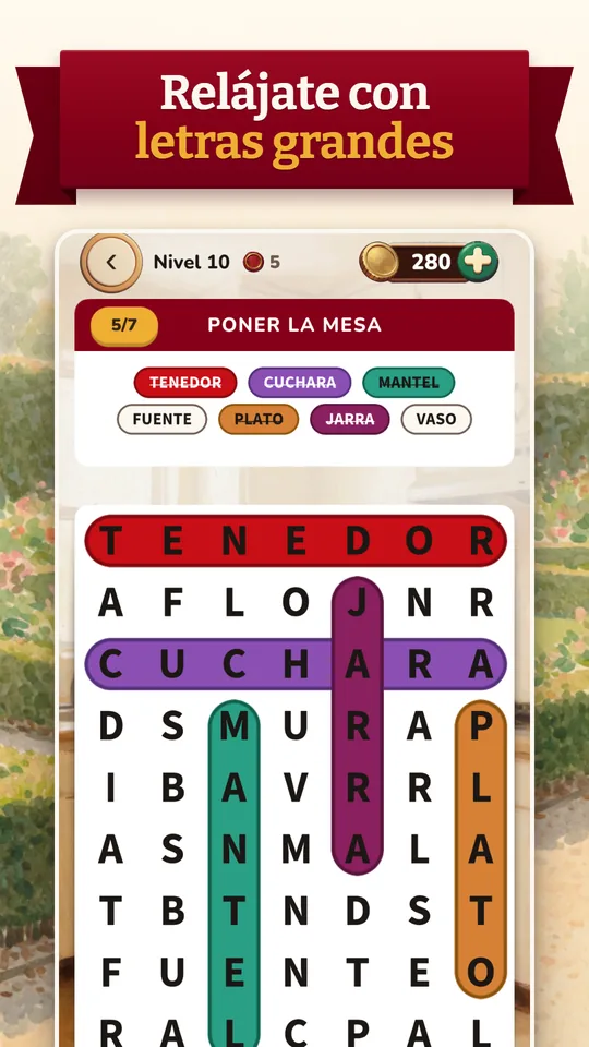 A level in large letters, with the theme «Poner la mesa» (setting the table) and the words found circled in color.