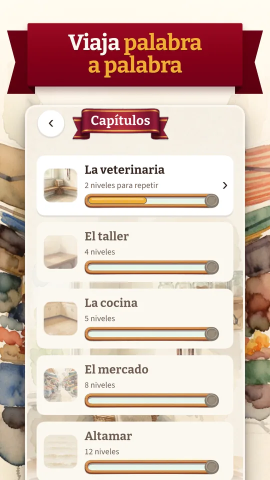 The chapters, each with its illustrated place: the vet's, the workshop, the kitchen and the market.