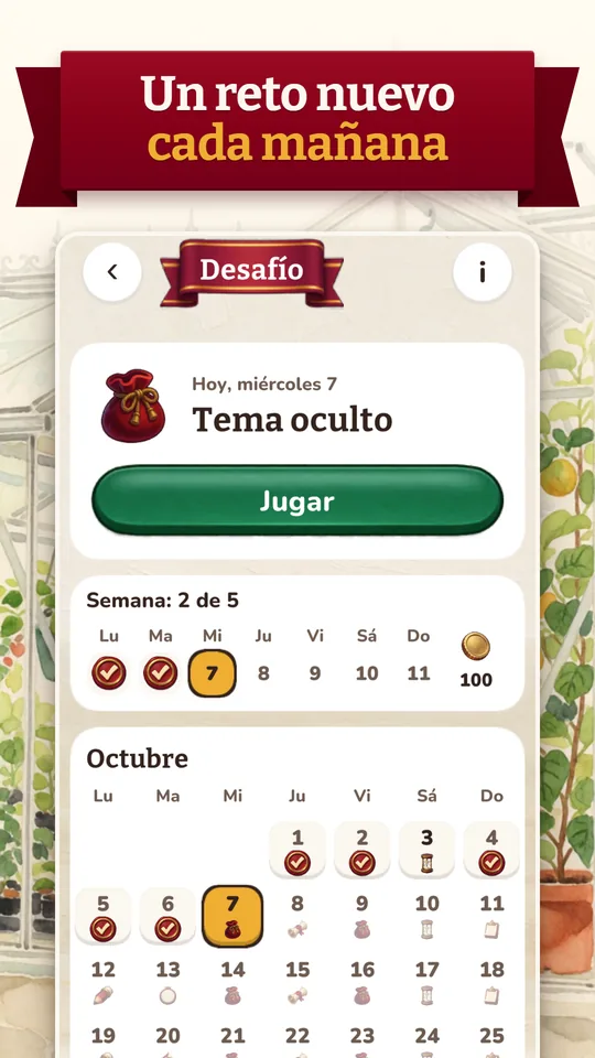 The daily challenge, with its calendar for the month.